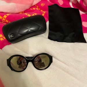 Chanel 5410 14k Gold Mirrored Round Black Sunglasses.